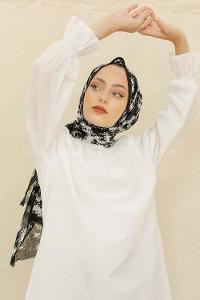 Modalamelif Siyah Renk Bulut Baskılı Pamuk Vual Şal