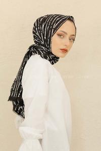 Modalamelif Siyah Renk Çizgi Desen Pamuk Vual Şal