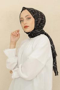 Modalamelif Siyah Renk Ekose Desen Pamuk Vual Şal