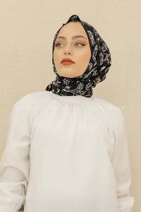 Modalamelif Siyah Renk Motif Baskılı Pamuk Vual Şal