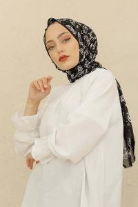 Modalamelif Siyah Renk Motif Baskılı Pamuk Vual Şal