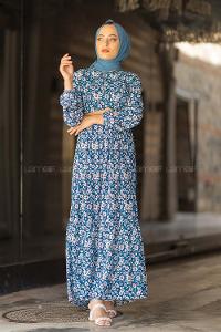 Modalamelif  Soyut Papatya Elbise İndigo