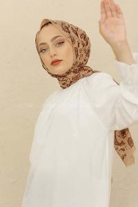 Modalamelif Toprak Rengi Motif Baskılı Pamuk Vual Şal