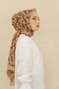 Modalamelif Toprak Rengi Motif Baskılı Pamuk Vual Şal