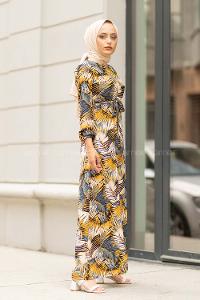 Modalamelif  Yaprak Desen Elbise Hardal Siyah