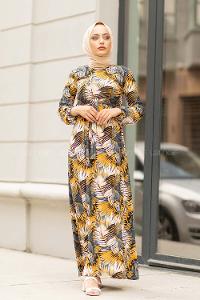 Modalamelif  Yaprak Desen Elbise Hardal Siyah