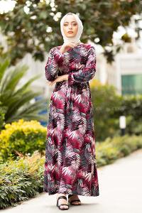 Modalamelif  Yaprak Desen Elbise Siyah Fuşya