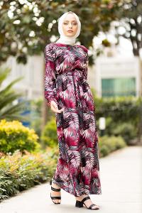 Modalamelif  Yaprak Desen Elbise Siyah Fuşya