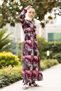 Modalamelif  Yaprak Desen Elbise Siyah Fuşya