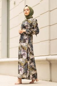 Modalamelif  Yaprak Desen Elbise Siyah Haki