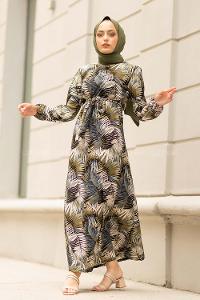 Modalamelif  Yaprak Desen Elbise Siyah Haki