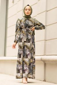 Modalamelif  Yaprak Desen Elbise Siyah Haki