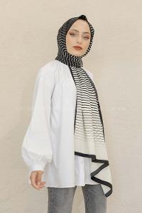 Modalamelif Siyah-Tarçın Baskılı Medine İpeği Şal Zoom Desen