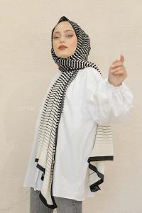 Modalamelif Siyah-Tarçın Baskılı Medine İpeği Şal Zoom Desen