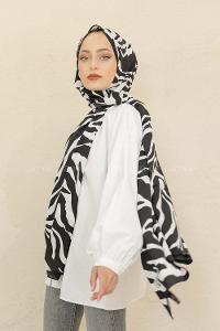 Modalamelif Siyah&Beyaz Baskılı Medine İpeği Şal Zoom Desen