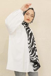 Modalamelif Siyah&Beyaz Baskılı Medine İpeği Şal Zoom Desen