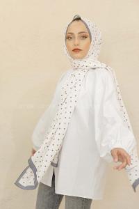 Modalamelif Füme&Beyaz Baskılı Medine İpeği Şal Benek Desen