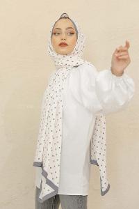Modalamelif Füme&Beyaz Baskılı Medine İpeği Şal Benek Desen