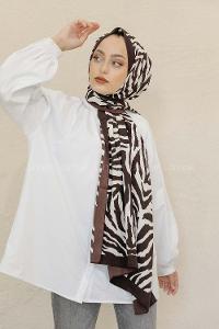 Modalamelif Kahve&Beyaz Baskılı Medine İpeği Şal Leopar Desen