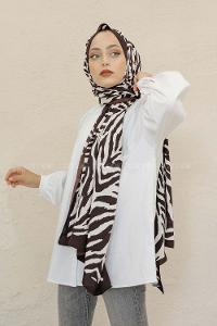 Modalamelif Kahve&Beyaz Baskılı Medine İpeği Şal Leopar Desen