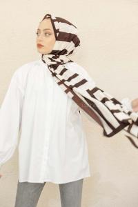 Modalamelif Kahve&Beyaz Baskılı Medine İpeği Şal Monokrom Desen