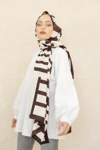 Modalamelif Kahve&Beyaz Baskılı Medine İpeği Şal Monokrom Desen