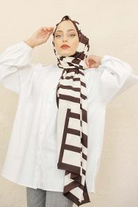 Modalamelif Kahve&Beyaz Baskılı Medine İpeği Şal Monokrom Desen