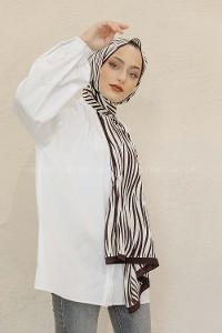 Modalamelif Kahve&Beyaz Baskılı Medine İpeği Şal Zebra Desen