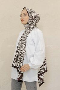 Modalamelif Kahve&Beyaz Baskılı Medine İpeği Şal Zebra Desen