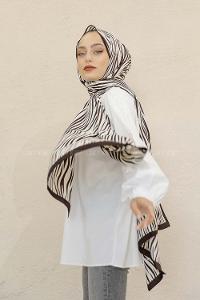 Modalamelif Kahve&Beyaz Baskılı Medine İpeği Şal Zebra Desen