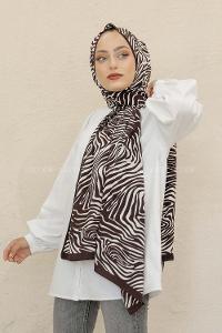 Modalamelif Kahve&Beyaz Baskılı Medine İpeği Şal Zen Desen