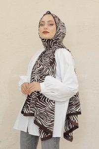 Modalamelif Kahve&Beyaz Baskılı Medine İpeği Şal Zen Desen