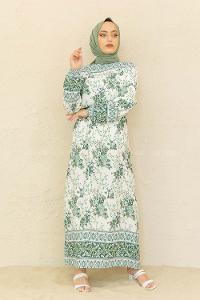 Modalamelif Kol Lastikli Desenli Elbise Yeşil