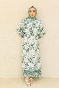 Modalamelif Kol Lastikli Desenli Elbise Yeşil