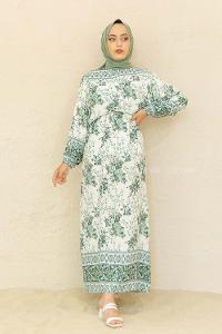 Modalamelif Kol Lastikli Desenli Elbise Yeşil