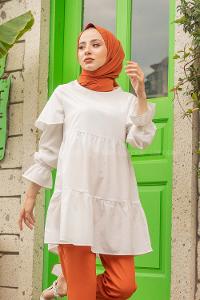 Modalamelif Kol Lastikli Fırfırlı Tunik Beyaz