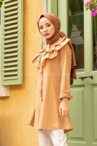 Modalamelif Ön Düğmeli Yaka Fırfırlı Gömlek Camel