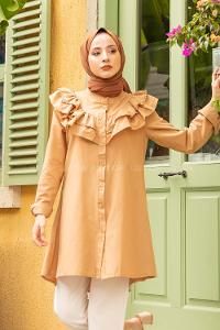 Modalamelif Ön Düğmeli Yaka Fırfırlı Gömlek Camel