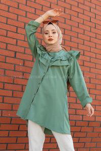 Modalamelif Ön Düğmeli Yaka Fırfırlı Gömlek Pastel Yeşili