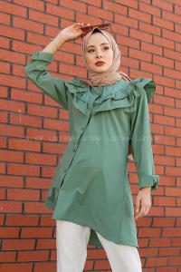 Modalamelif Ön Düğmeli Yaka Fırfırlı Gömlek Pastel Yeşili