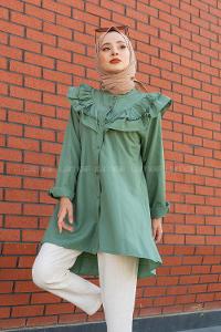 Modalamelif Ön Düğmeli Yaka Fırfırlı Gömlek Pastel Yeşili