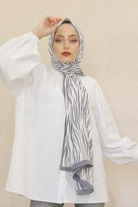 Modalamelif Renkli Baskılı Medine İpeği Şal Monokrom Desen Füme