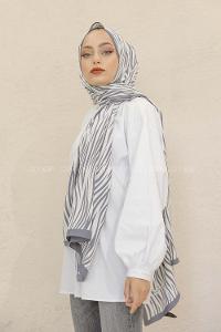 Modalamelif Renkli Baskılı Medine İpeği Şal Monokrom Desen Füme