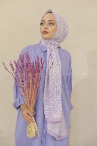 Modalamelif Renkli Baskılı Medine İpeği Şal Monokrom Desen Lila