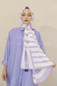 Modalamelif Renkli Baskılı Medine İpeği Şal Paralel Desen Lavanta