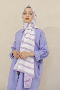 Modalamelif Renkli Baskılı Medine İpeği Şal Paralel Desen Lavanta