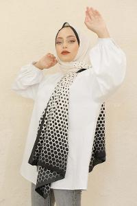 Modalamelif Siyah&Beyaz Baskılı Medine İpeği Şal Altıgen Desen