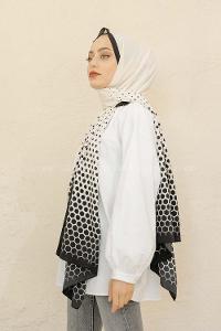 Modalamelif Siyah&Beyaz Baskılı Medine İpeği Şal Altıgen Desen