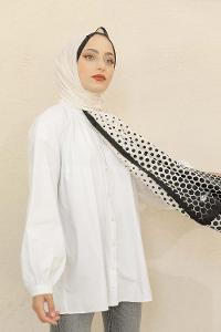 Modalamelif Siyah&Beyaz Baskılı Medine İpeği Şal Altıgen Desen