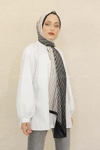 Modalamelif Siyah&Beyaz Baskılı Medine İpeği Şal Aritmik Desen